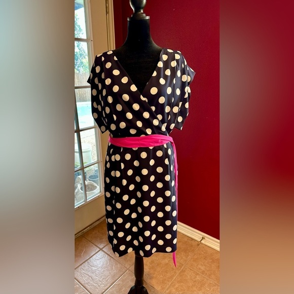 Eliza J Dresses & Skirts - Eliza J Polka Dot Dress Size 8 Navy White Pink Belt Retro Wrap Style